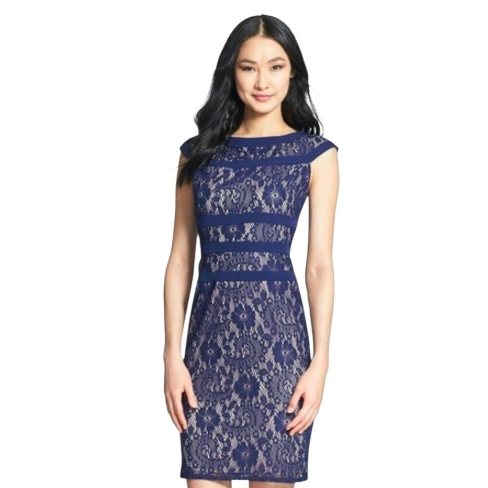 Adrianna Papell Navy Blue Floral Lace Banded Sheath Dress Nude Lining Size 10